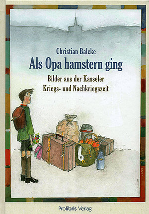 Zeichnung aus Kasseler Kriegszeit, Jungemit Rucksack vor gehamsterten Waren