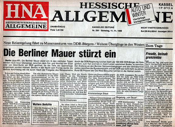 Titelblatt der HNA am 11.11.1989 mit dem Aufmacher 