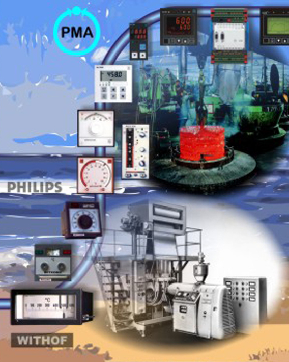 Collage mit Messgeräten und Reglern der Firmen Withof, Philips und PMA 