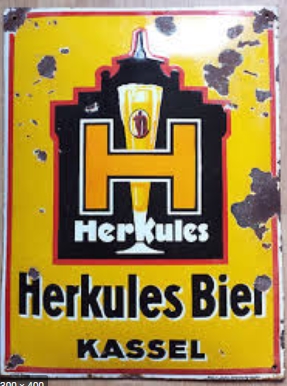 Blechschild gelb, H mit Bierglas und darunter Herkules Bier Kassel 