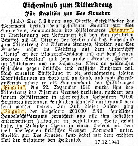 Zeitungsmeldung über die posthume Verleihung des Eichenlaubs zum Ritterkreuz an E-F. Krüder. 