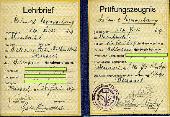 Lehrbrief und Prüfungszeugnis von Helmut Marschang 
