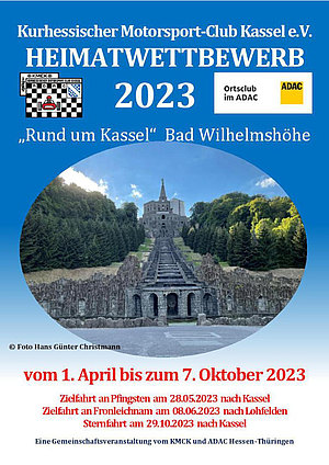 Kurhessischer Motorsport Plakat Veranstaltungen 2023, in der Mitte Foto des Herkules Kassel