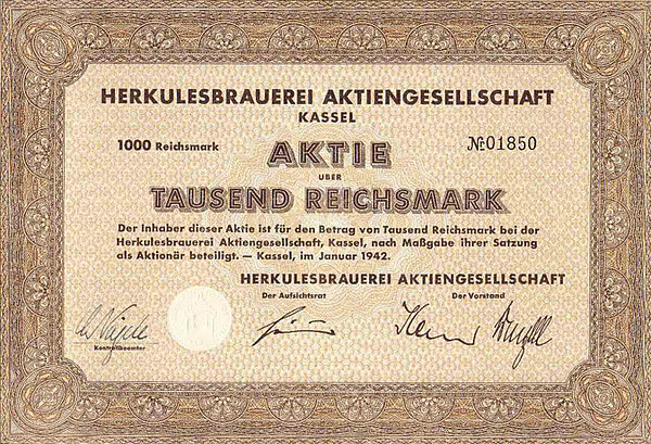 Aktie der Herkules Brauerei über Tausend Reichsmark, 1942