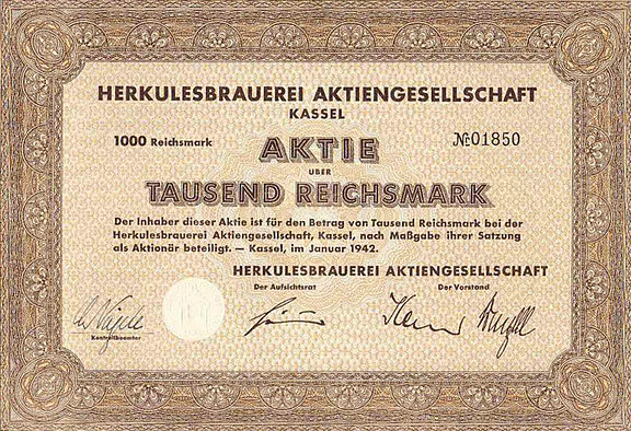 Aktie der Herkules Brauerei über Tausend Reichsmark, 1942 
