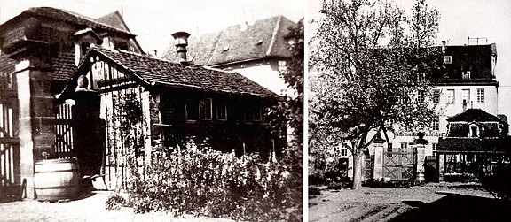 Zwei alte Fotos. Rechts: Ein Gartenhäuschen, davor eine Regentonne am Gartentor, daneben schöne Blumen. Links: Gleicher Ort, andere Perspektive: Ein Obstbaum in der Nähe des Schuppens. Hinter der Gartenzauntür erkennt man ein Gebäude des Waisenhauses. 