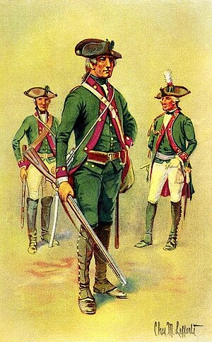 Feldjäger 1776 in grünen Uniformen mit roten Pasbeln