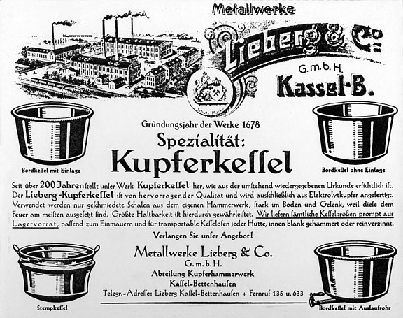 Werbeschild Lieberg & Co. für Kupferkassel seit 1678 