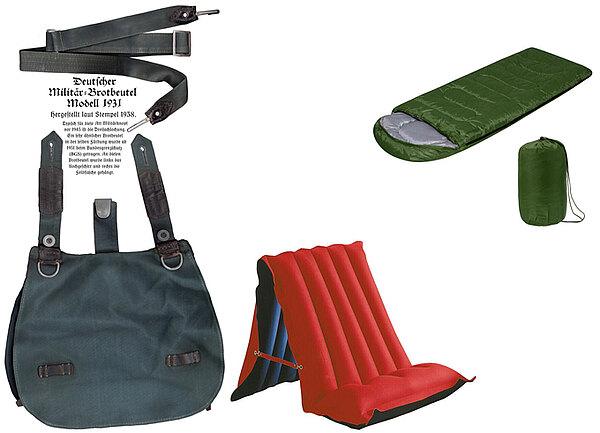 Brotbeutel, Luftmatratze und Schlafsack als Ausstattung