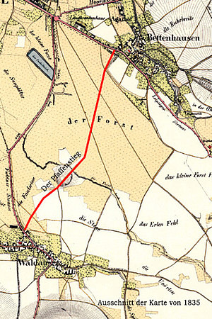 Karte der Umgebung von Kassel aus 1835, roter Eintrag = Pfaffenstieg