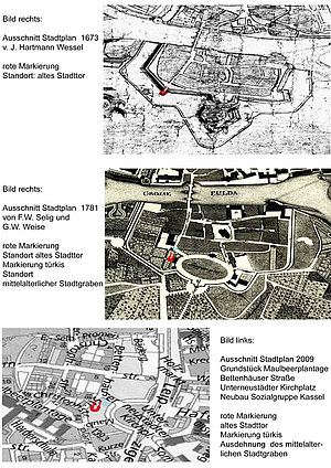 Ausschnitte aus den Stadtplänen der Unterneustadt von 1673, 1781 und 2009