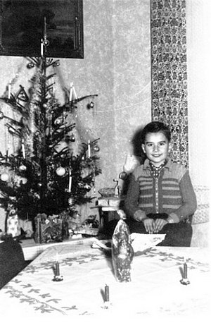 Ein Junge Sitzt am Tisch neben dem Weihnachtsbaum