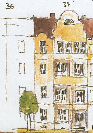 Zeichnung von der Fassade der Häuser Blücherstraße 34 und 36, davor ein grüner Baum
