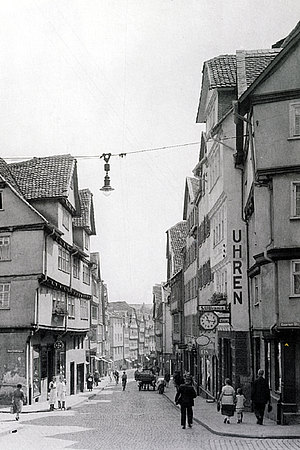 Die Straße Pferdemarkt 1930. Alte Fachwerkhäuser. Ein Pferdefuhrwerk