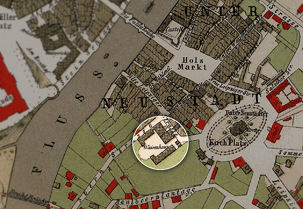 Kartenausschnitt der Unterneustadt Kassels. Waisenhaus hervorgehoben,