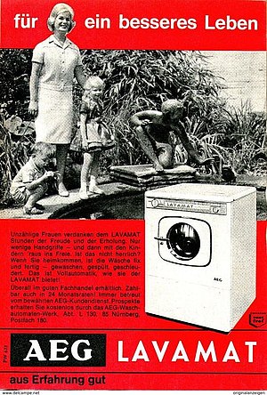 Werbung AEG Lavamat 1964 rotes Plakat mit Waschmaschine