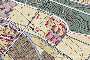 Das Barackenlager am Eichwald in einem Stadtplan aus 1955