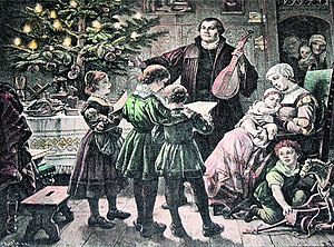 Luther mit Familie am Christbaum, Kinder singen 