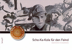 Zeichnung von Heinemann als Soldat vor dem Hintergrund liegender Soldaten, im Vordergrund eine Dose"Fliegerschokolade"