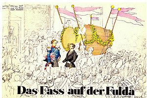 Das Fass auf der Fulda, Viele Menschen und ein geschmücktes Fass