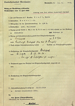 Anordnung der Strilisation in Bethel, 1934