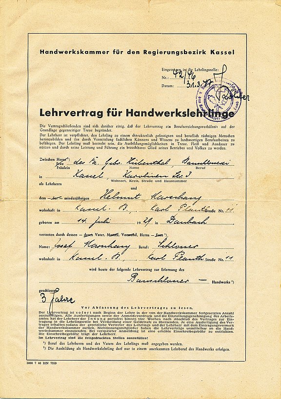 Lehrvertrag Helmut Marschang 