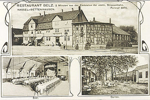 Ansichtskarte des Restaurant Belz mit Saal und Biergarten, 1925