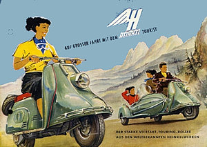 Werbung, Auf grosser Fahrt mit dem Heinkel Tourist, Roller und Roller mit Beiwagenin den Bergen