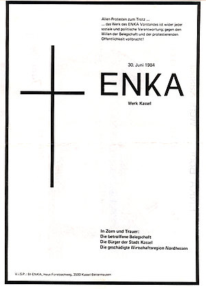Todesanzeige der betroffenen Belegschaft zur Schließung des Werkes ENKA Kassel, 1984
