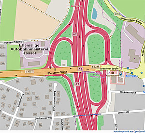 Karte der Autobahnauffahrt Kassel-Nord