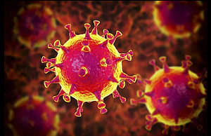 rotgelbe Darstellung des Covit 19 Virus