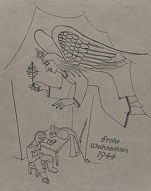 Federzeichnung, 1944 Engel mit Tannenbaum schwebt über einem schlafenden Soldaten