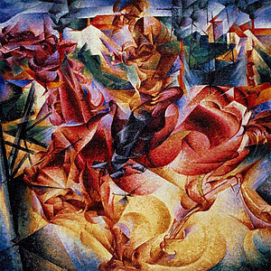 Buntes abstraktes Bild von Umberto Boccioni- mit dem Titel-Elastizität 1912
