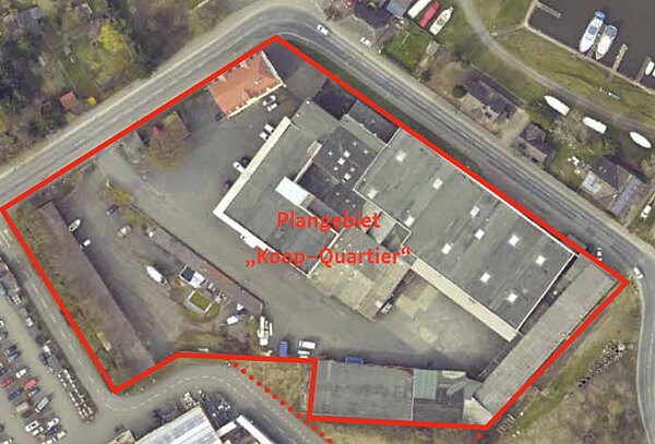 Luftbild des Areals, Koop Quartier rot eingegrenzt