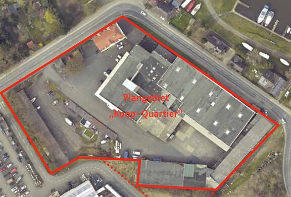 Luftbild des Areals, Koop Quartier rot eingegrenzt 