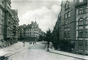 Wohnstraße Blick von der Maulbeerplantage zur Blücherstr. Ecke Körnerstr. ca.1920