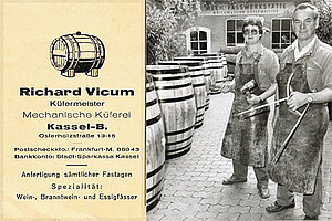 Visitenkarte mit der Abbildung von Richard und Otto Vicum, Küfermeister