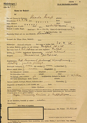 Meldebogen für Marie Kraft, 1940