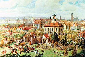 Das Bild von Ernst Metz zeigt die bauliche Situation des „ Leipziger Platz", (später Unterneustädter Kirchplatz) um 1831, aus der Perspektive vor dem Leipziger Torausgang.