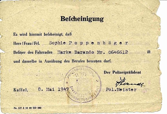 Bescheinigung zur Benutzung des Fahrrades 1947 