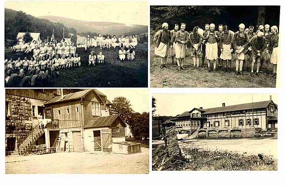 4 Fotos von der Fahrt in Riesengebirge Gebäude und Mädels mit Rucksack 