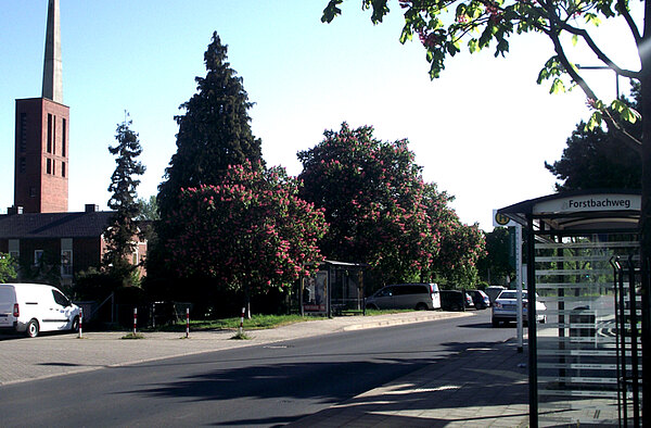 Haltestelle Forstbachweg im Hintergrund Immanuelkirche