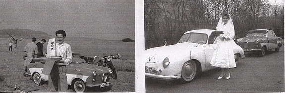 links Mann mit Modelflugzeug vor Goggomobil 1959, rechts Braut mit Hochzeitskleid neben Porsche im Hintergrund mein Goggomobil 