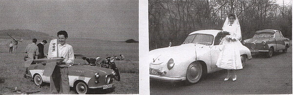 links Mann mit Modelflugzeug vor Goggomobil 1959, rechts Braut mit Hochzeitskleid neben Porsche im Hintergrund mein Goggomobil