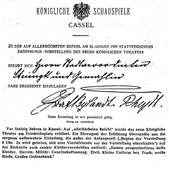 Einladung von C. Steinigk zur Eröffnung des neuen Königlichen Theaters 1909