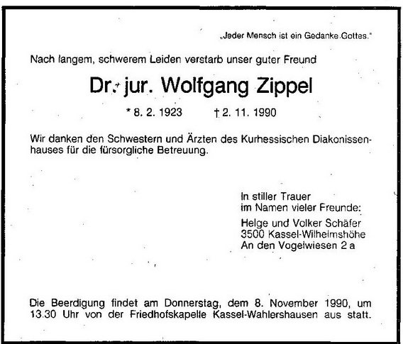Dr. Zippel Todesanzeige 1990.11.05 in der HNA 