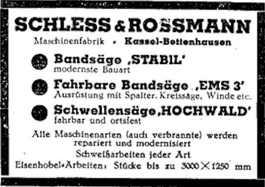 Anzeige von Schless & Rossmann 1948 