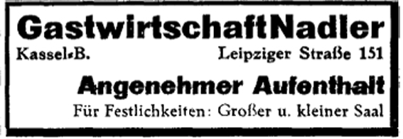 Anzeige Gastwirtschaft Nadler aus Kurhessischer Landeszeitung Mai 1935 
