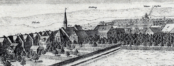 Ausschnitt aus Ansicht der Stadt Cassel von Osten 1742, Mitte der Siechenhof mit Kapelle (41) und Häusern (42) links daneben die Häuser der Leipziger Vorstadt (40) 