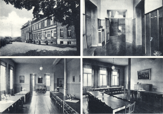 Ansichtkarte des Kinderkurheims Werraland, Ansicht vom Haupteingang und Räume im Gebäude, 1955 